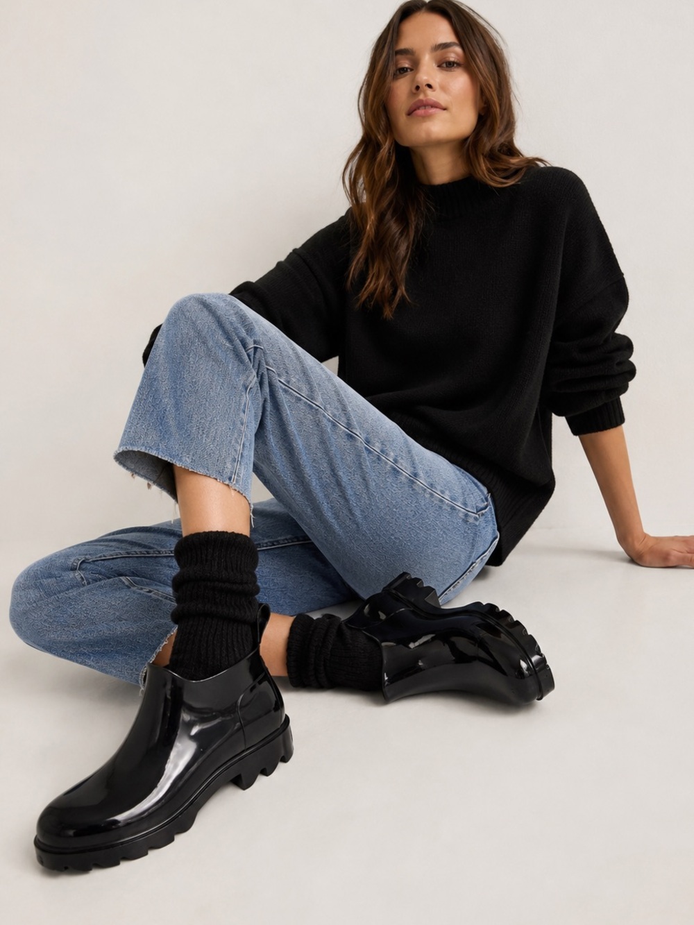 Free People High Street Black Chunky Rain Boots – Glossy Waterproof Style